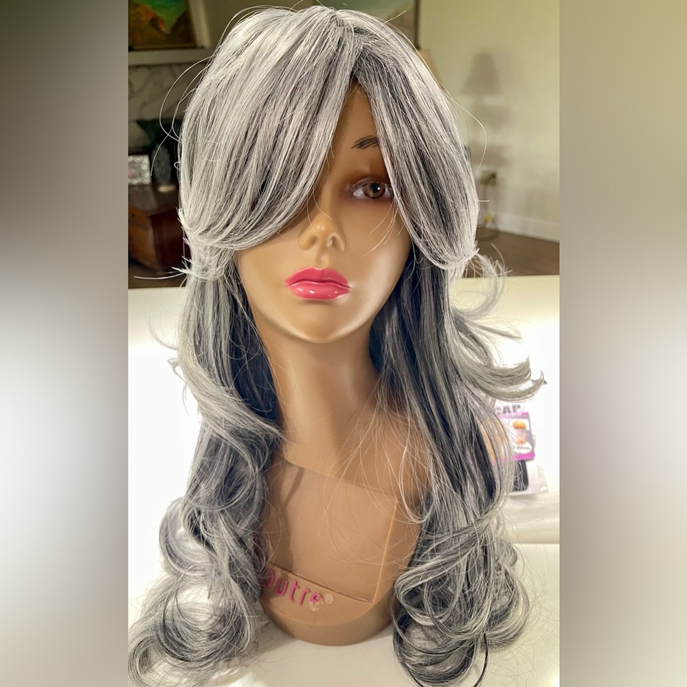 HAIR, 25” Long Layers, Wavy, Swoop Bangs, center part, Silver/Black/Gray - Picture 3 of 10